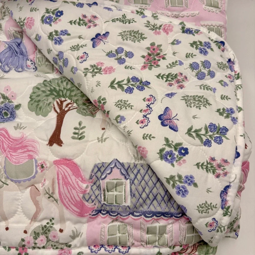 Little Poppy Full 3 Piece Reversible Quilt Set Unicorn Village Pink Blue NEW